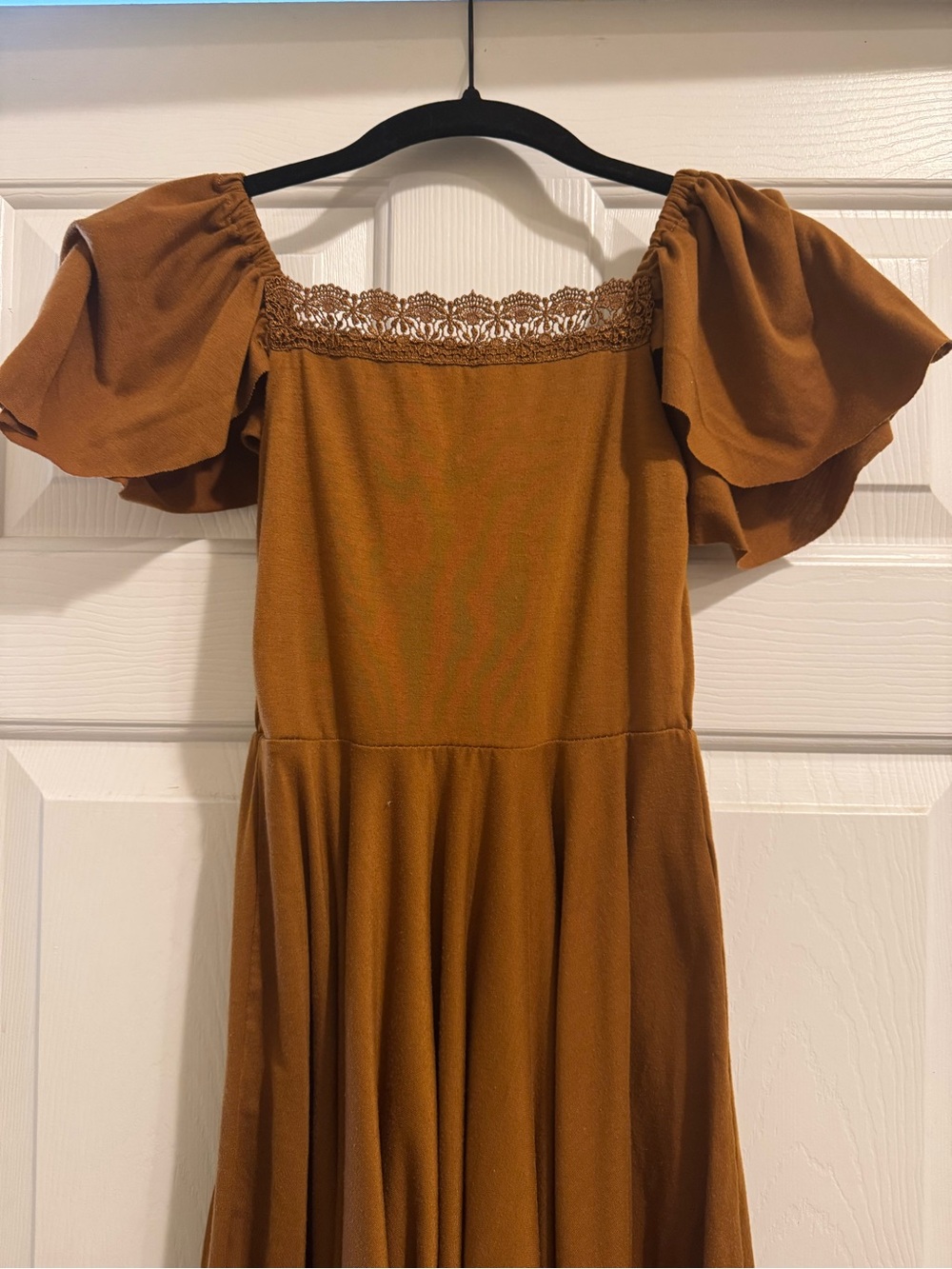 Mia Joy Rust Brown Flutter Sleeve Dress with Lace Yoke